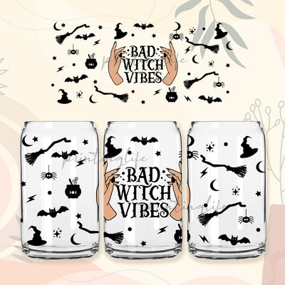 Bad Witch Vibes Halloween Libbey Glass Can Tumbler Sublimation, Halloween 16oz frosted glass can jar tumbler wrap , Digital Instant Download Sublimation PrintingLife 