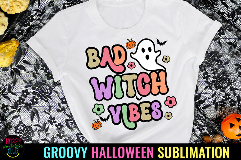 Bad Witch Vibes I Groovy Halloween Sublimation I Retro PNG Sublimation Happy Printables Club 
