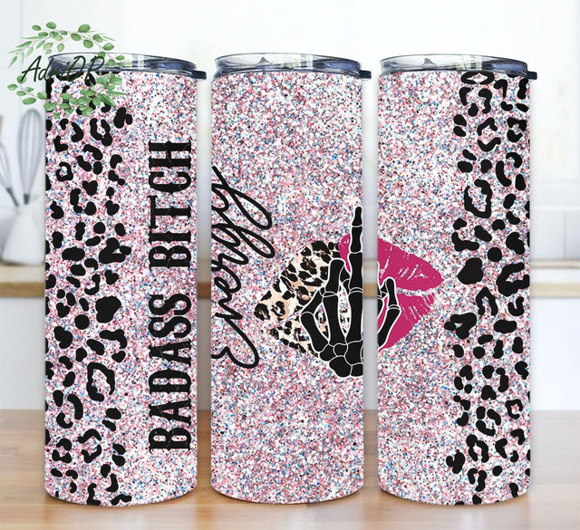 Badass Bitch Energy 20oz Skinny Tumbler Png, Sarcastic Adult Humor Funny Leopard Skull, Glitter Skeleton Hands and Leopard Print Lips Tumbler Sublimation AdriOP 