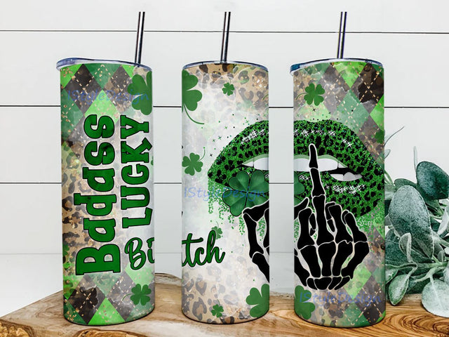 Badass Lucky Bitch 20oz Skinny Straight Tumbler Wrap Sublimation iStyleDesign 
