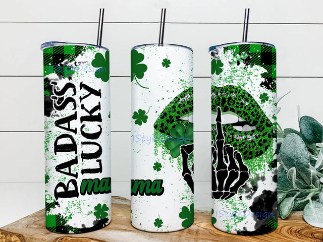 Badass Lucky Mama 20oz Tumbler Design, St. Patrick's Day 20oz Skinny Tumbler, Four-Leaf Clover Tumbler Png, Shamrock Skinny Tumbler, Irish Sublimation Design, Digital Download Sublimation iStyleDesign 