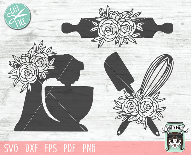 Baking SVG file, Mixer svg, Floral Rolling Pin svg, Whisk svg, Spatula Flowers, cooking utensils svg, Baker cut file, Cooking Silhouette SVG Wild Pilot 