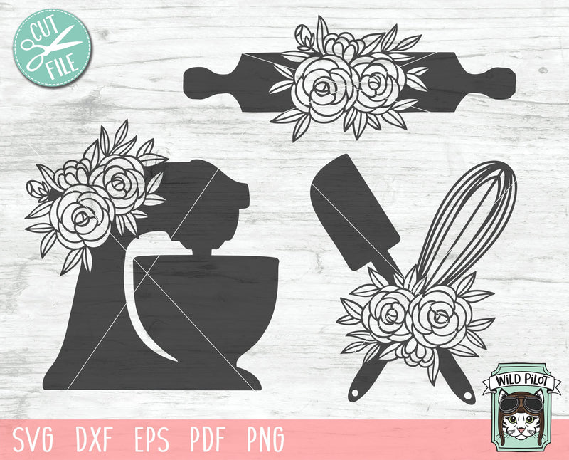 Baking SVG file, Mixer svg, Floral Rolling Pin svg, Whisk svg, Spatula Flowers, cooking utensils svg, Baker cut file, Cooking Silhouette SVG Wild Pilot 
