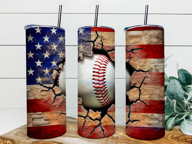 Baseball American Flag 20oz Skinny Tumbler Png, Baseball On A Brick Wall With The American Flag Png, USA Flag Png, Baseball 4th Of July Tumbler Sublimation Sublimation iStyleDesign 