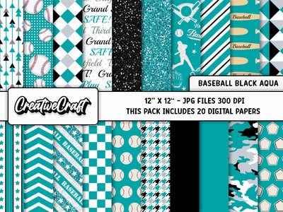 Baseball Black Aqua Digital Papers, scrapbook backgrounds designs Digital Pattern CreativeCraftShop 