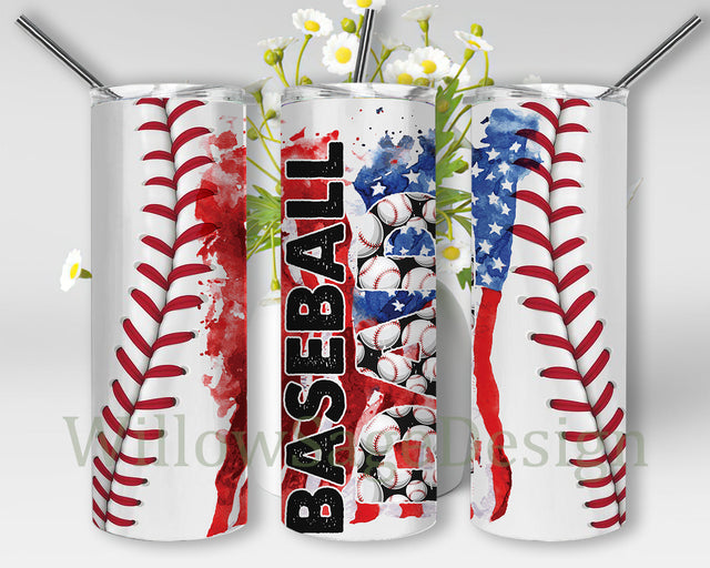Baseball Dad Tumbler Wrap, Baseball 20oz Skinny Tumbler, Watercolor American Flag Tumbler Png, Fathers Day Gift, Baseball Sublimation Design, Sport Digital Download Sublimation WillowSageDesign 