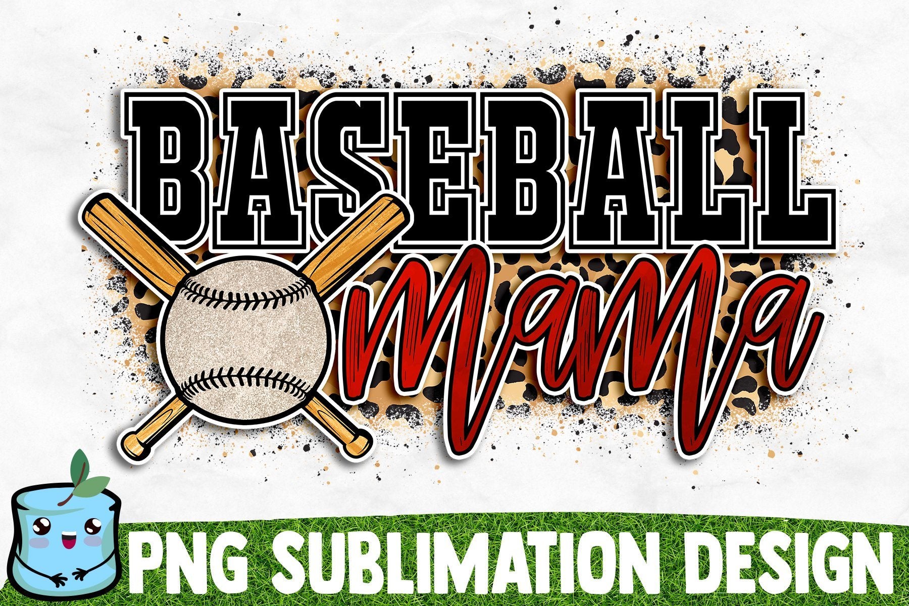 Baseball Themed Glitter Leopard Brushstrokes Sublimation Png 