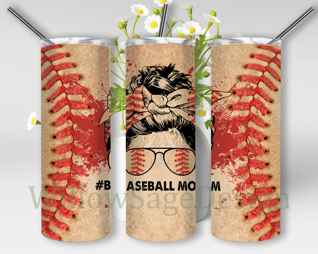 Baseball Mom Design Tumbler, Messy Bun Mom 20oz Skinny Tumbler, Baseball Dirty Tumbler Wrap, Sport Tumbler Design, Mom Sublimation Design, Instant Download Sublimation WillowSageDesign 