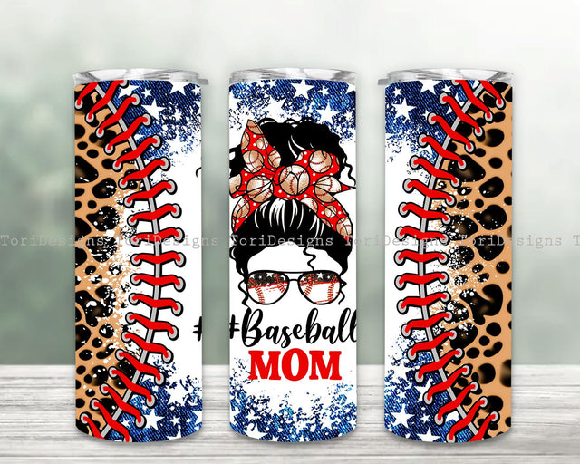 Baseball Mom Life Bun Hair for 20 oz Tumbler Design, American Leopard 20oz Skinny Tumbler Sublimation Designs Sublimation ToriDesigns 