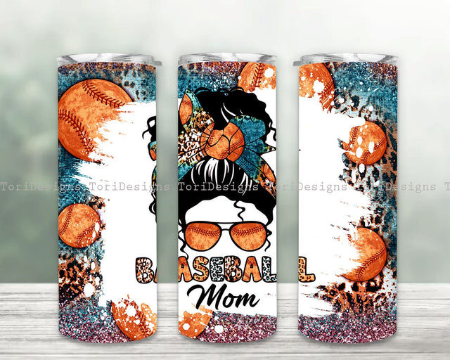 Baseball Mom Messy Bun 20 oz Skinny Tumbler Wrap Sublimation Straight Tapered PNG Sublimation ToriDesigns 