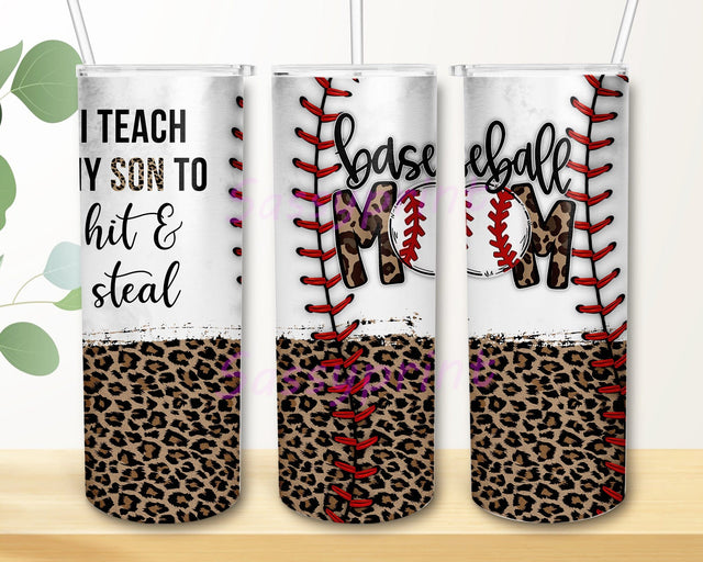 Baseball Mom Teach Our Son To Hit And Steal Laces 20oz Skinny Tumbler Png, Baseball Mom Leopard Png, Baseball, Sports Png Sublimation sassyprint 