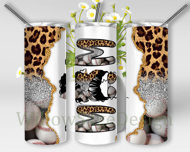 Baseball Mom Tumbler Design, Messy Bun Mom Leopard 20oz Skinny Tumbler, Baseball Leopard Glitter Tumbler Wrap, Baseball Tumbler Png, Sport Sublimation Design, Digital Download Sublimation WillowSageDesign 