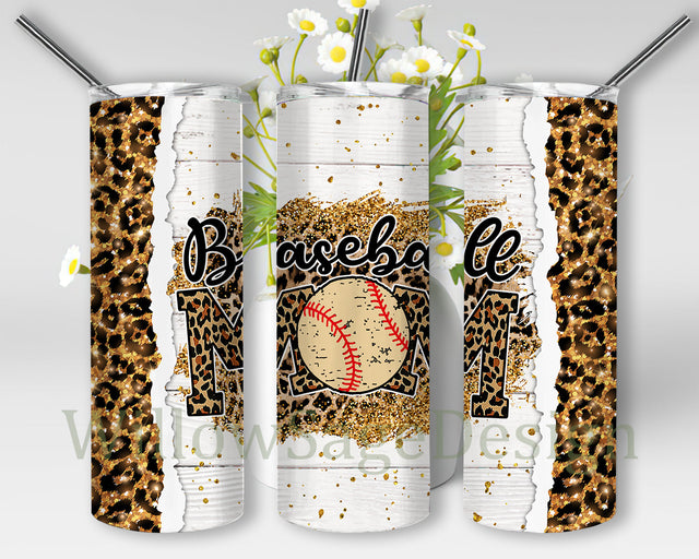 Baseball Mom Tumbler Design, Mom Leoprad 20oz Skinny Tumbler, Gold Glitter Leopard Tumbler Wrap, Sport Sublimation Design, Instant Download Sublimation WillowSageDesign 
