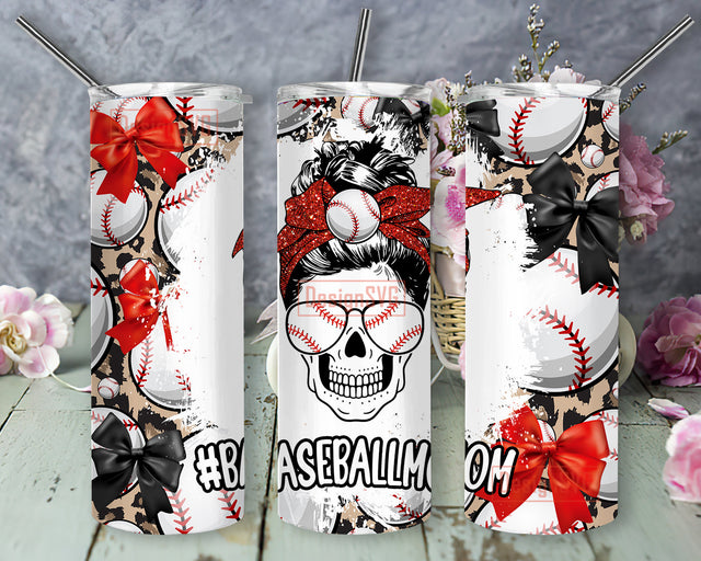 Baseball Mom Tumbler Png, Messy Bun Hair Skull Glitter Baseball 20oz Skinny Tumbler, Baseball Leopard Full Tumbler Wrap, Baseball Sublimation Design for Straight, Digital Download Sublimation DesignSVG 