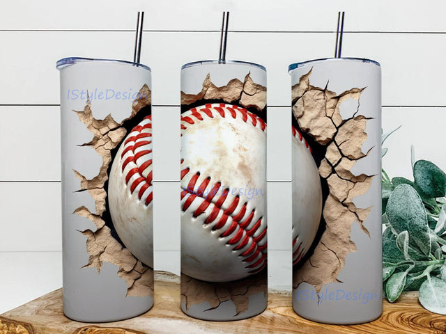 Baseball On A White Wall 20oz Skinny Tumbler Png, Baseball Sport Aesthetic Design For Him For Fathers Day, Baseball Cracked Wall Tumbler, Baseball Balls Sublimation iStyleDesign 