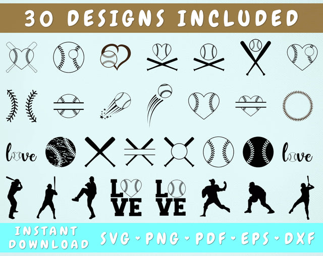 Baseball SVG Bundle - 30 Designs, Love Baseball SVG, Baseball Stitches SVG, Distressed Baseball SVG, Baseball Player Silhouettes SVG HappyDesignStudio 
