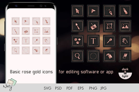 Basic rose gold icons for editing software or app. SVG Arts By Naty 