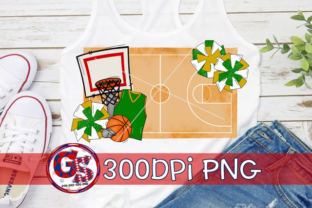 Basketball Court and Pom Poms PNG for Sublimation-Green and Gold Sublimation Greedy Stitches 