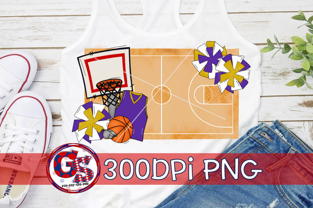 Basketball Court and Pom Poms PNG for Sublimation-Purple Gold Sublimation Greedy Stitches 