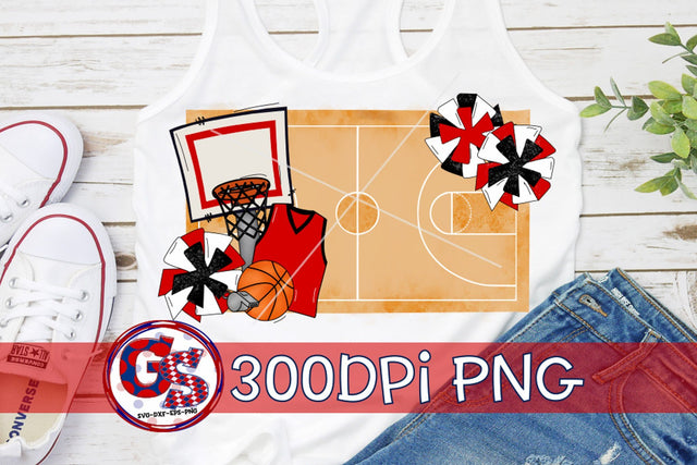 Basketball Court and Pom Poms PNG for Sublimation-Red and Black Sublimation Greedy Stitches 