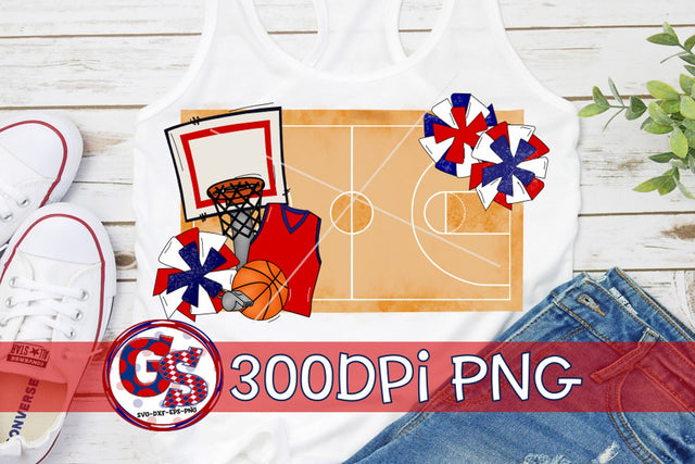 Basketball Court and Pom Poms PNG for Sublimation-Red and Navy Sublimation Greedy Stitches 