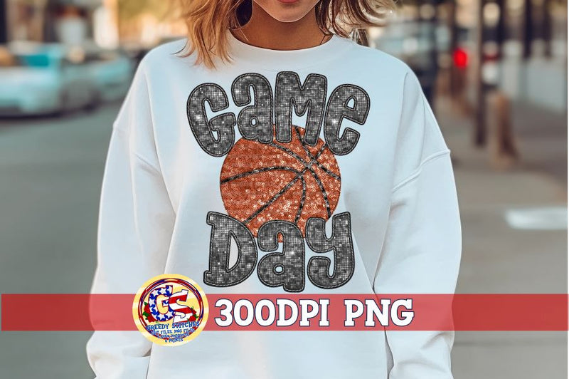 Basketball Game Day Black Faux Embroidery Sequins PNG Sublimation Greedy Stitches 