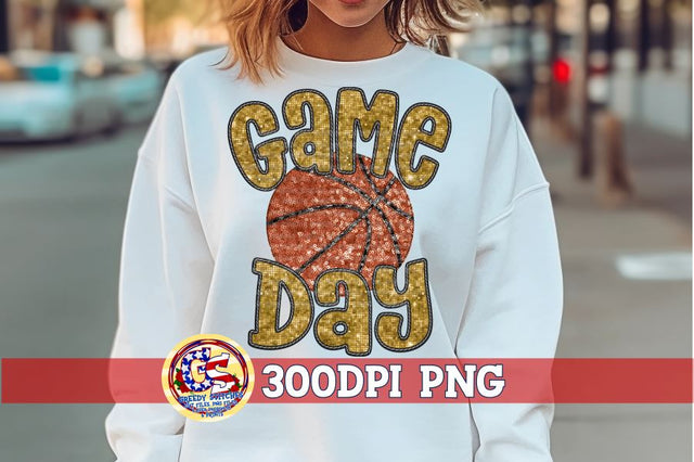 Basketball Game Day Gold Faux Embroidery Sequins PNG Sublimation Greedy Stitches 