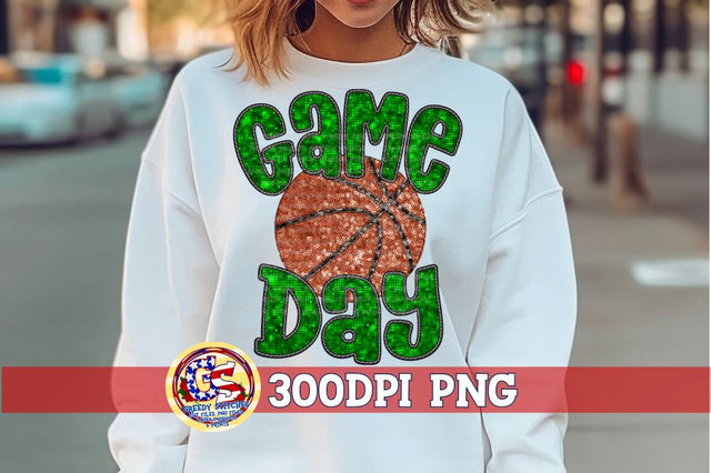 Basketball Game Day Green Faux Embroidery Sequins PNG Sublimation Greedy Stitches 