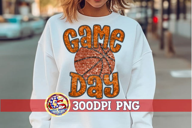 Basketball Game Day Orange Faux Embroidery Sequins PNG Sublimation Greedy Stitches 