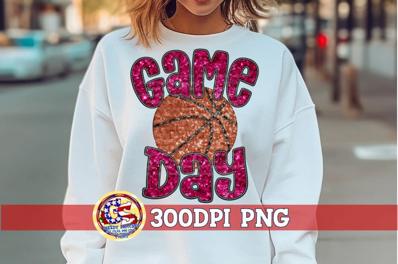 Basketball Game Day Pink Faux Embroidery Sequins PNG Sublimation Greedy Stitches 