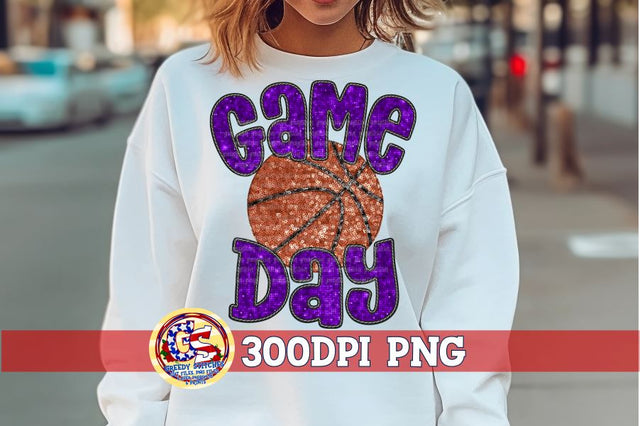 Basketball Game Day Purple Faux Embroidery Sequins PNG Sublimation Greedy Stitches 