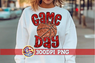 Basketball Game Day Red Faux Embroidery Sequins PNG Sublimation Greedy Stitches 
