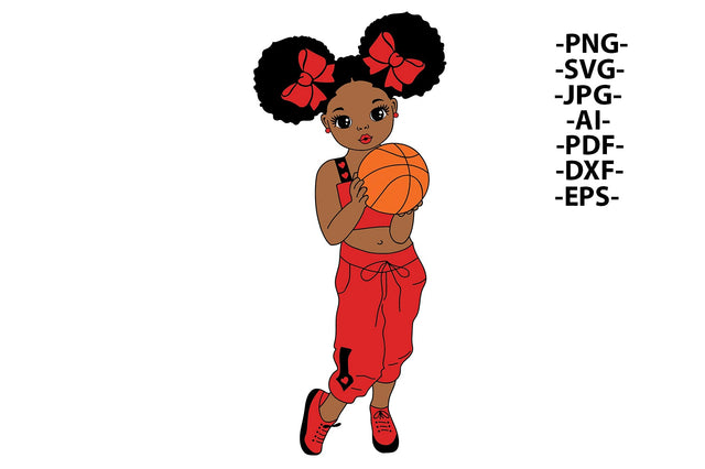 BasketBall Girl Svg, Girl With Ball, Fashion Baby Girl Svg, Hair with Bows, Red Pants, Afro Woman, Black History, African American Cut File SVG 1uniqueminute 