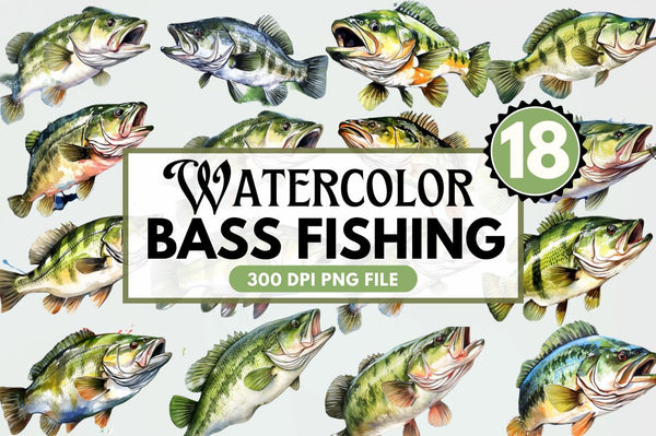 Bass Fishing Watercolor Art Clipart Bundle - So Fontsy