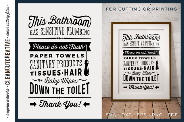 Bathroom Sign Sensitive Plumbing | Do not flush design SVG PDF SVG CleanCutCreative 