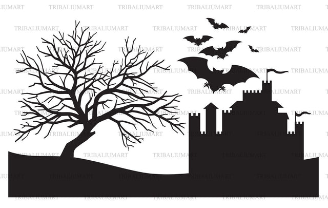 Bats flying and old castle SVG TribaliumArtSF 