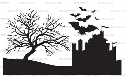 Bats flying and old castle SVG TribaliumArtSF 