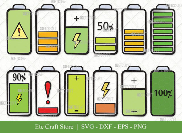 Battery Clipart SVG Cut File | Low Battery Svg | Full Charge Battery Svg | Low Charge Svg | Battery Bundle SVG ETC Craft 