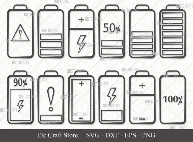 Battery Outline SVG Cut File | Low Battery Svg | Full Charge Battery Svg | Low Charge Svg | Battery Bundle SVG ETC Craft 