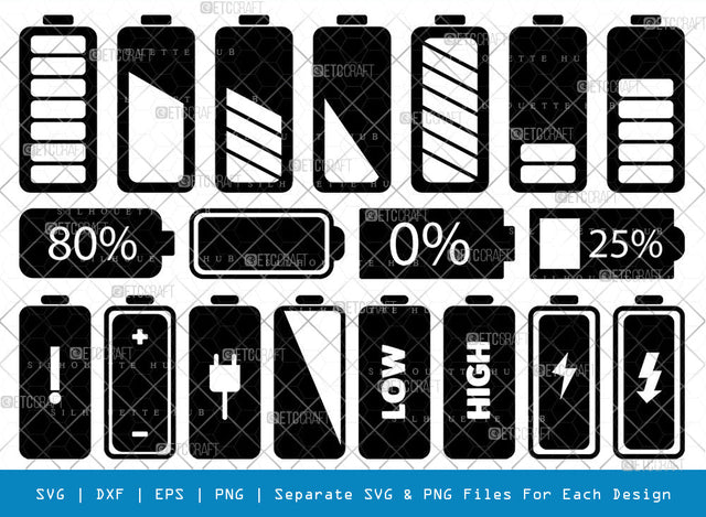 Battery SVG, Battery Silhouette, Energy Svg, Charging Svg, Bolt Svg, Full Battery Svg, Low Battery Svg, Battery Bundle SVG ETC Craft 