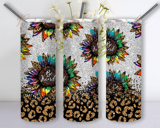 Be Kind Sunflower Glitter Leopard 20oz Skinny Tumbler Sublimation Designs Tumbler for Straight Tapered PNG File Digital Download Sublimation PixelChick 