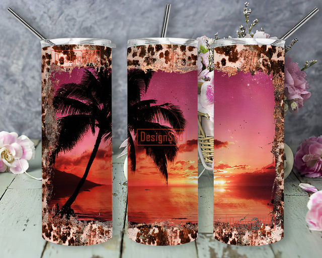 Beach 20 oz Skinny Tumbler , Ocean Palm Tree Beach Tumbler Template Sublimation Designs Downloads, Straight and Warped PNG tumblers.png Sublimation DesignSVG 