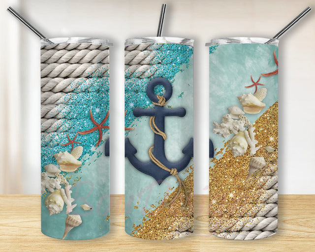 Beach 20oz Tumbler Design, Ancre Tumbler Png, Nautical Beach Sublimation Design, Rope Glitter Tumbler Wrap, Beach Tumbler With Lid and Straw, Instant Download Sublimation BouDesign 