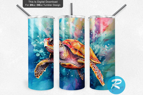 Beach Alcohol Ink Sea Turtle 20 Oz / 30 Oz Tumbler PNG Sublimation Regulrcrative 