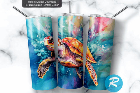 Beach Alcohol Ink Sea Turtle 20 Oz / 30 Oz Tumbler PNG Sublimation Regulrcrative 