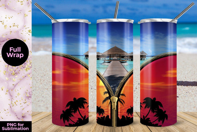 Beach and Sunset 20oz Skinny Tumbler Wrap Template Sublimation Sublimatiz Designs 