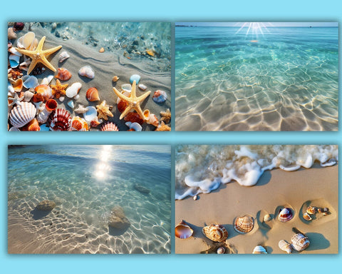 Beach Background, Sea Shells, Sea Stars, Sun Reflection, JPG Sublimation nikola 