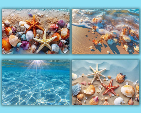 Beach Background, Sea Shells, Sea Stars, Sun Reflection, JPG Sublimation nikola 