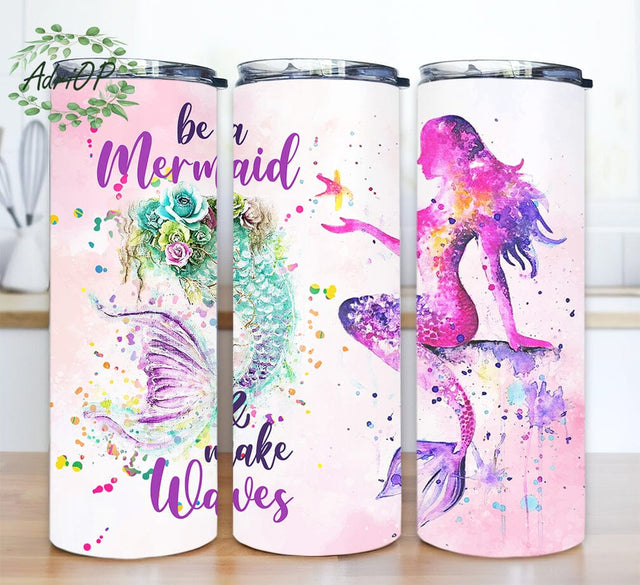Beach Be A Mermaid And Make Waves 20oz Skinny Tumbler Png, Pink Glitter Mermaid Girl Png, Birthday Girl Png, Mermaid Tail Png, Mermaid Vibes Png Sublimation AdriOP 