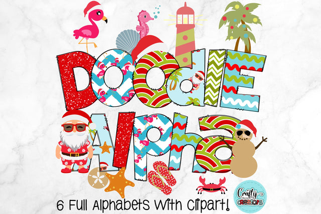 Beach Christmas Doodle Letters PNG, Summer Santa Alpha Bundle Sublimation Crafty Mama Studios 
